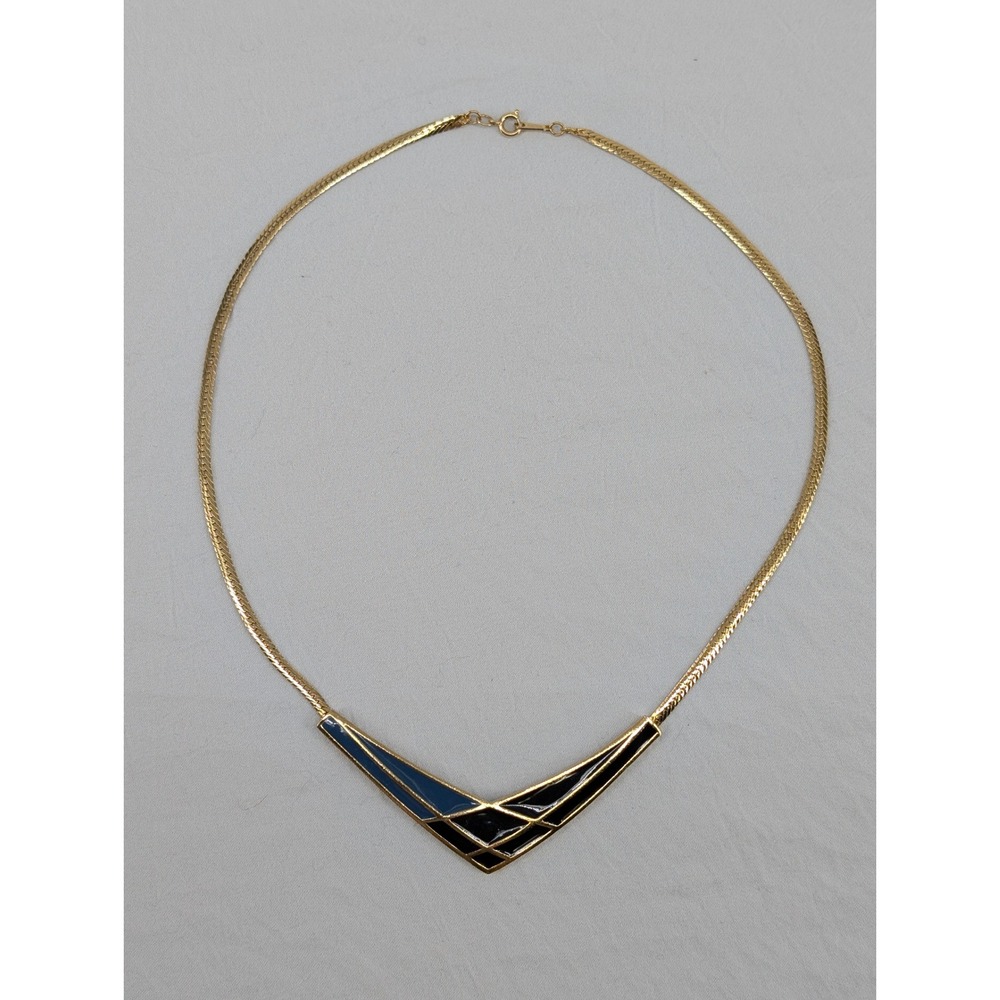 Vintage Avon Gold Tone Black Enamel V-Shape Chevron Herringbone Chain Necklace